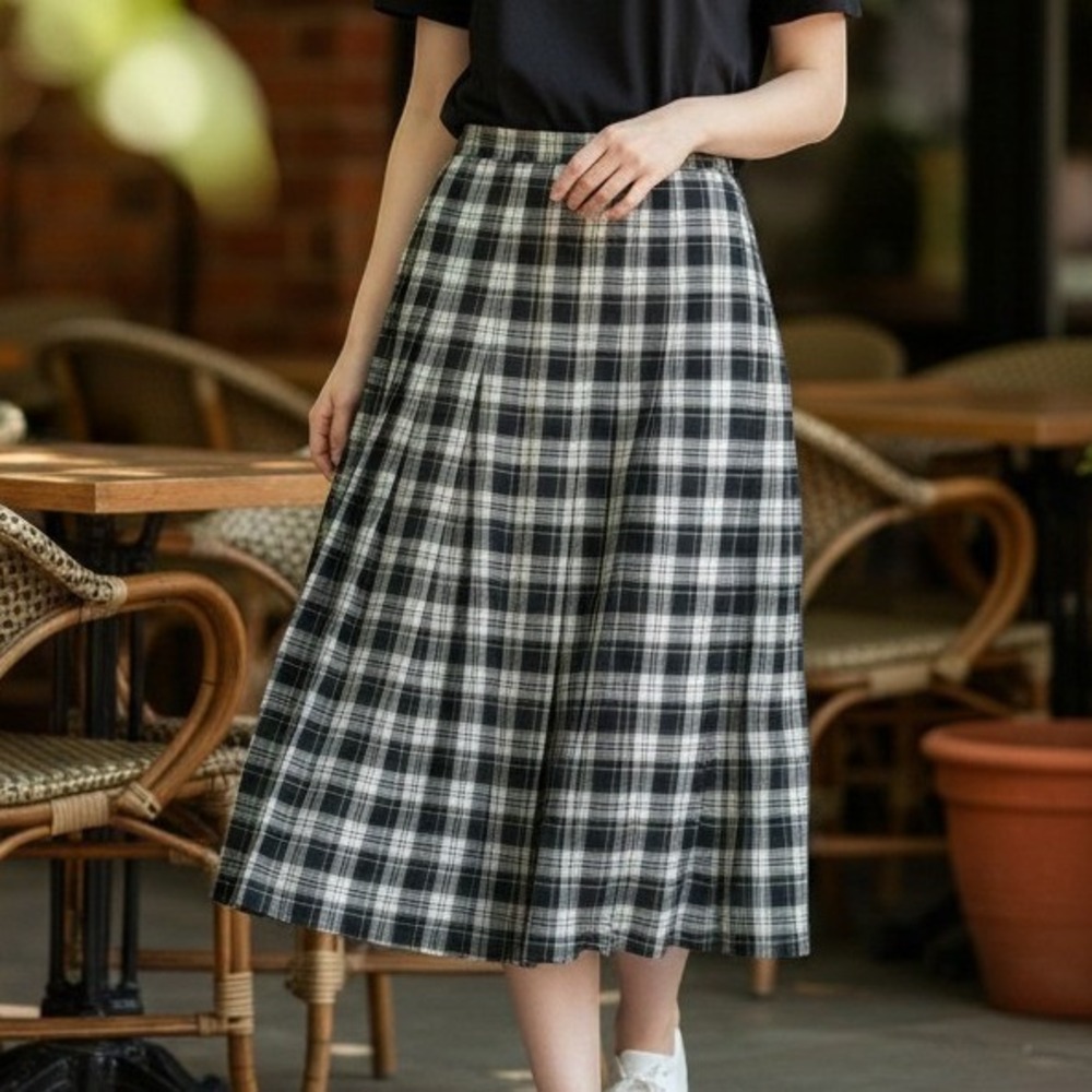Vintage Lloyd‎ New York Plaid Pleated Midi Skirt Navy White Green Size 12 USA